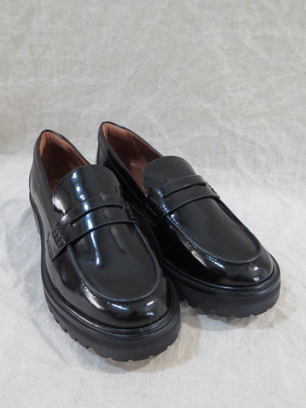 Reformation Agathea Black Chunky Sole Patent Leather Loafers Shoes SIZE 7.5